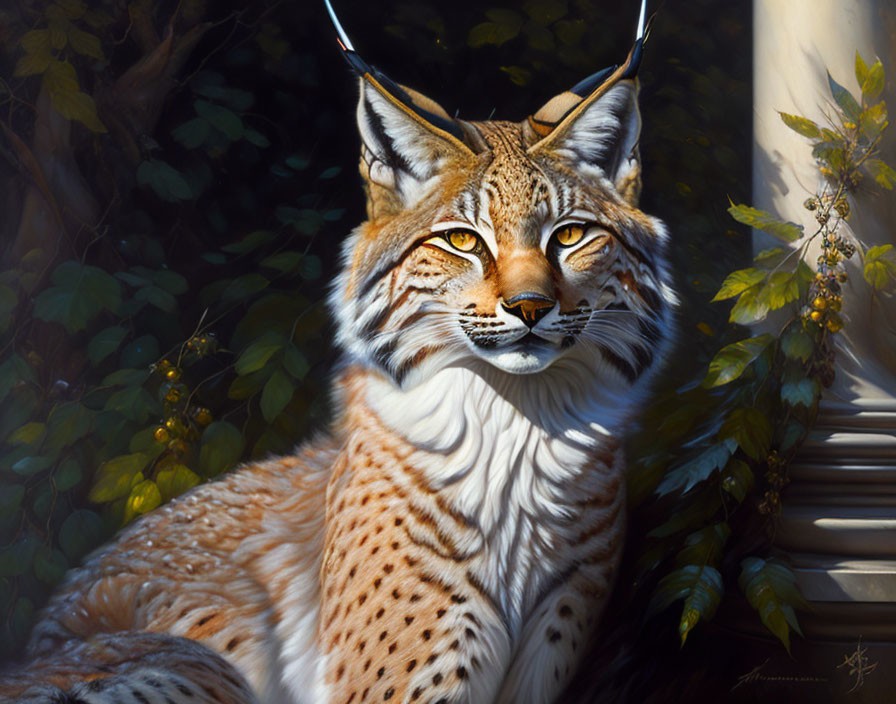 Majestic lynx portrait with ear tufts and amber eyes in lush green foliage