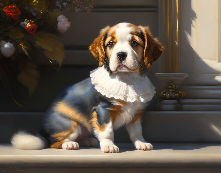 Brown and White Puppy with Ruffled Collar in Sunlight