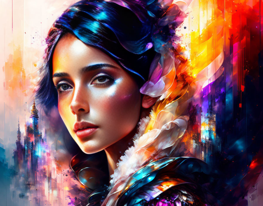 Colorful Feathers Woman Portrait with Urban Abstract Background