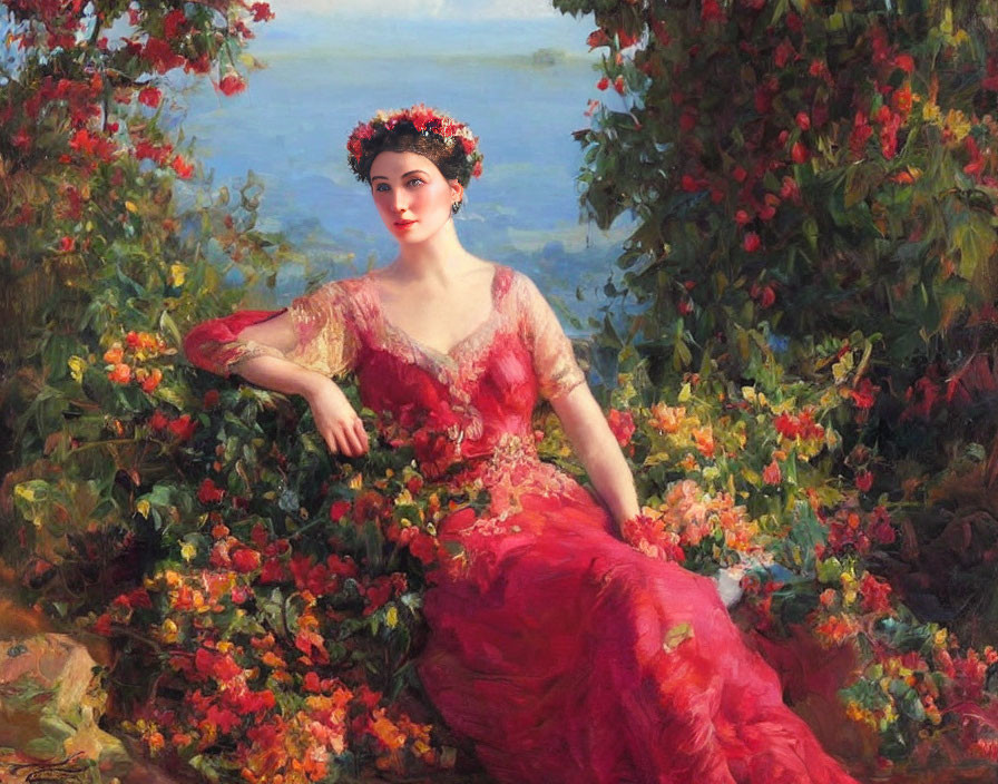 Woman in Red Dress with Floral Wreath Surrounded by Blooming Bushes