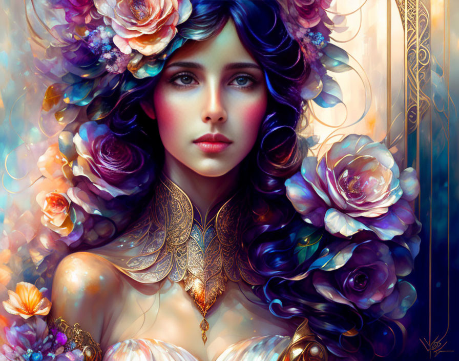 Vivid blue-eyed woman in digital art with colorful flowers & gold jewelry