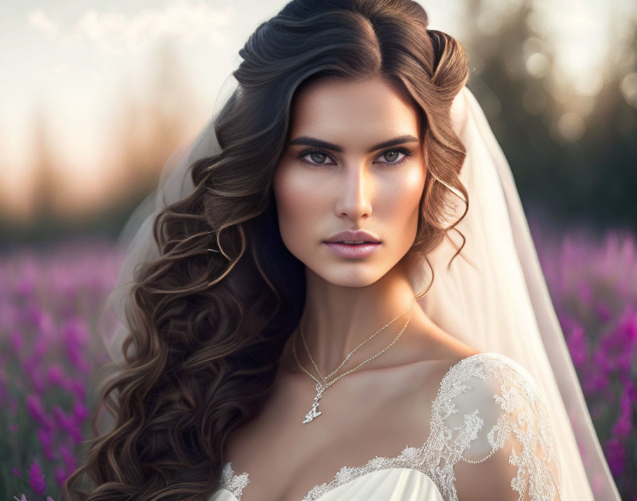 Bride with long curly hair and veil in purple flower field