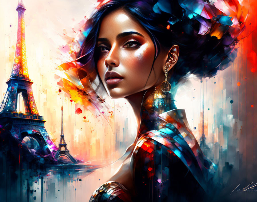 Vibrant image of woman with striking makeup and Eiffel Tower in impressionistic cityscape