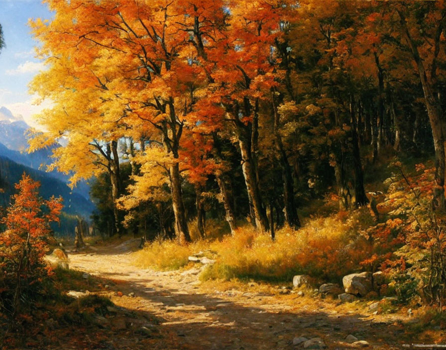 Tranquil Forest Path with Autumn Trees and Rocky Terrain