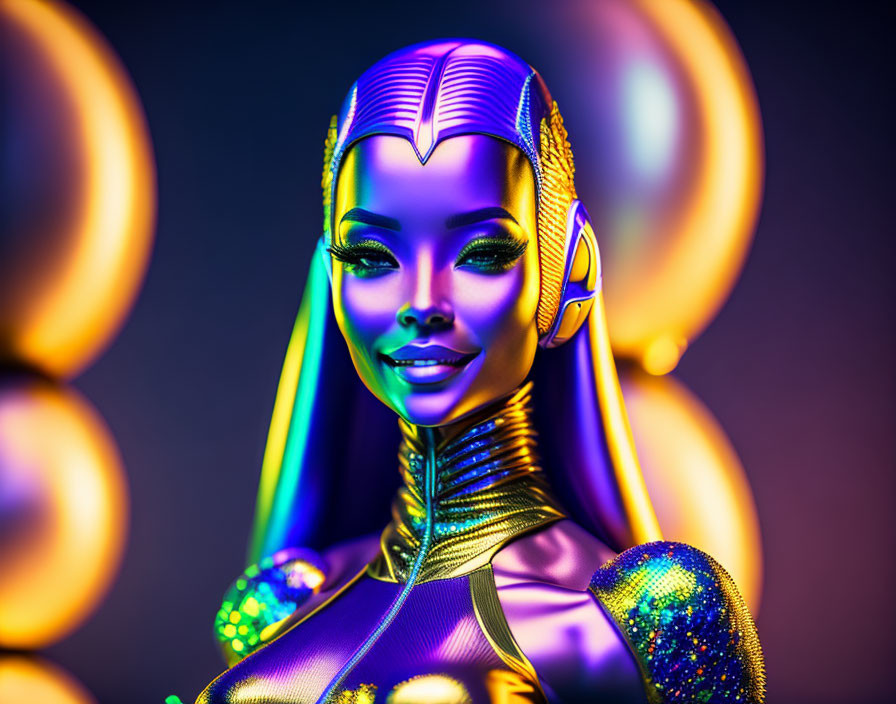 Futuristic female figure with metallic skin and glowing orbs