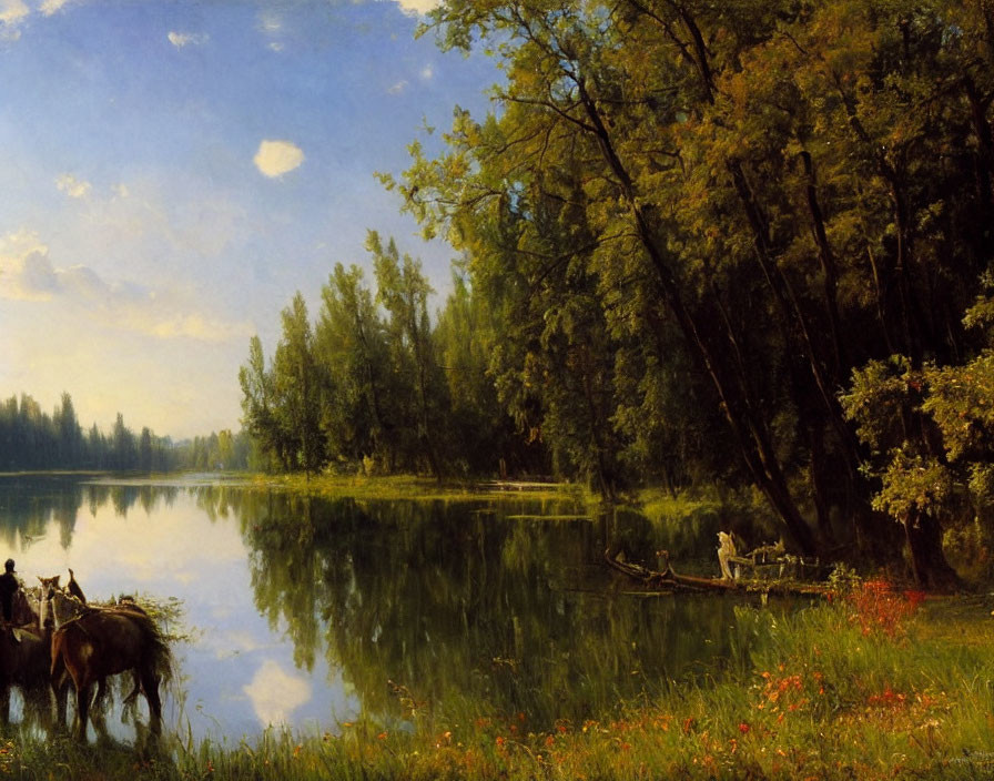 Tranquil landscape with lake, horse, greenery, and figure in boat