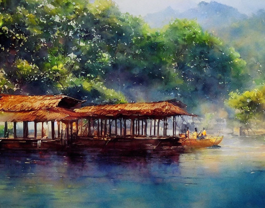 Tranquil watercolor scene: Rustic floating house on serene river