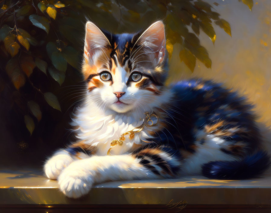 Fluffy calico kitten with gold pendant basking in sunlight among green foliage