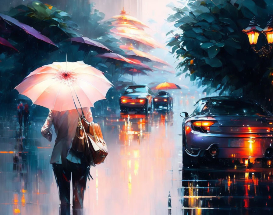 Rainy City Street Scene with Person Holding Umbrella