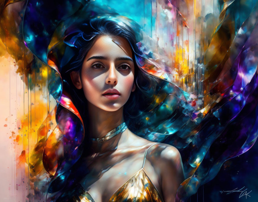 Dark-haired woman in digital portrait against vibrant abstract background