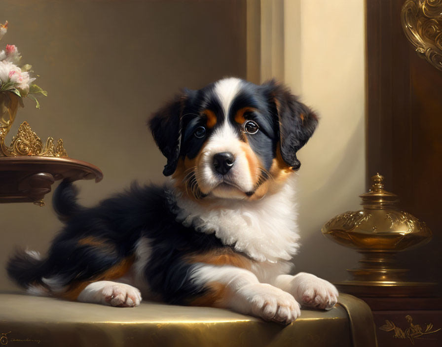 Bernese Mountain Dog Puppy with Glossy Coat and Golden Vase in Warm Lighting