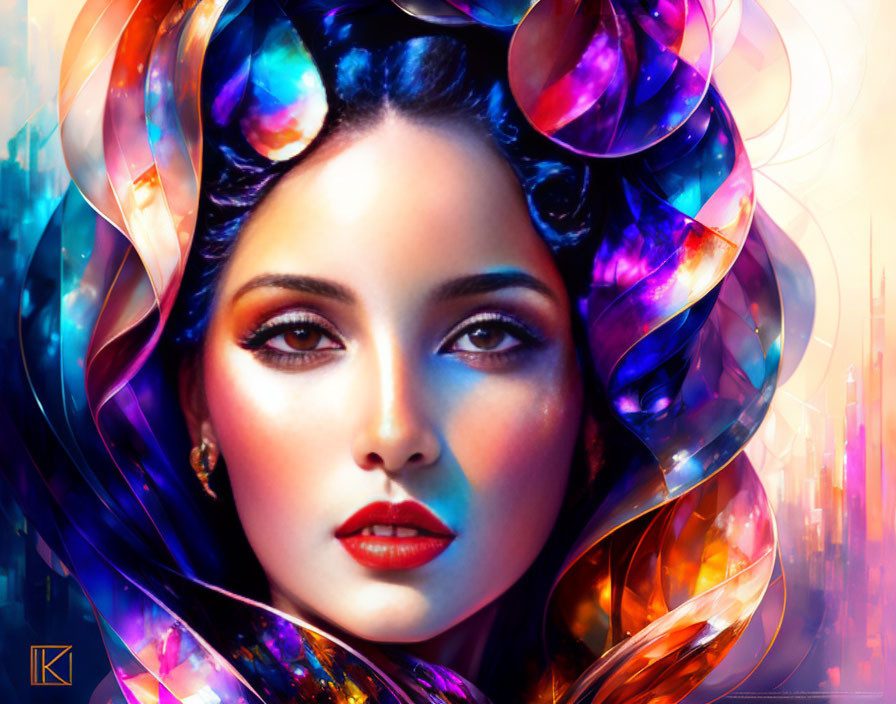 Colorful digital artwork: Woman with vibrant, swirling hair against abstract cityscape