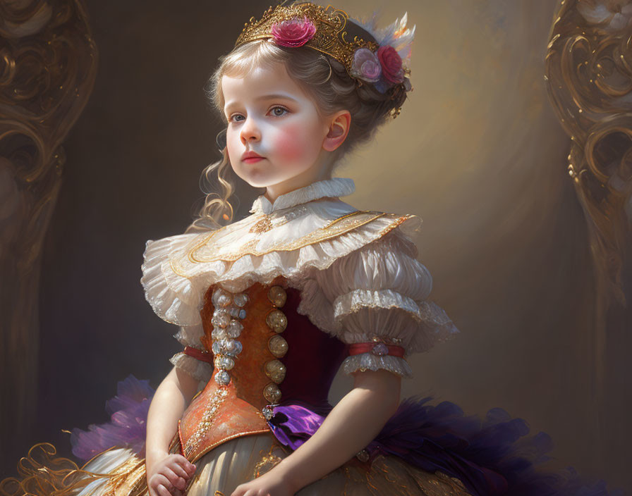 Young girl in regal dress with gold, orange, purple accents and rose in hair under soft light