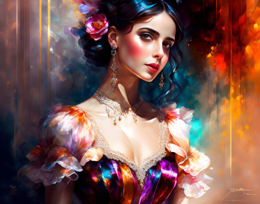 Vibrant digital portrait of a woman in Victorian-style dress