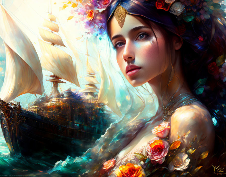 Ethereal woman with floral adornments and sailing ships in vibrant painting