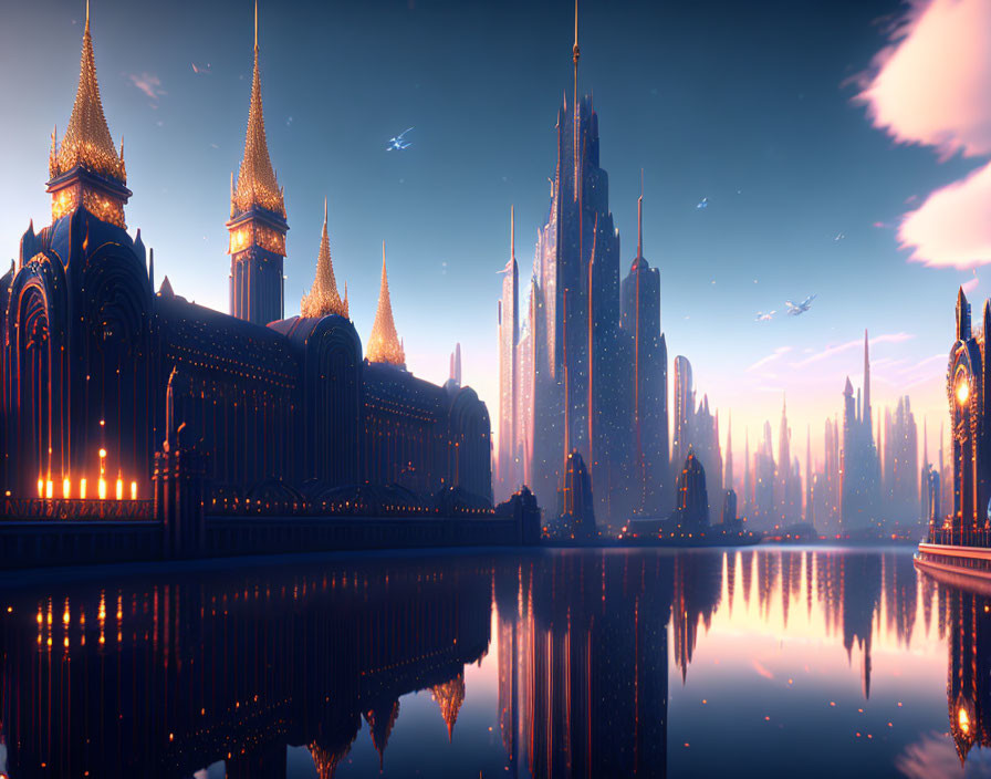 Futuristic gothic-style skyscrapers in illuminated cityscape at dusk