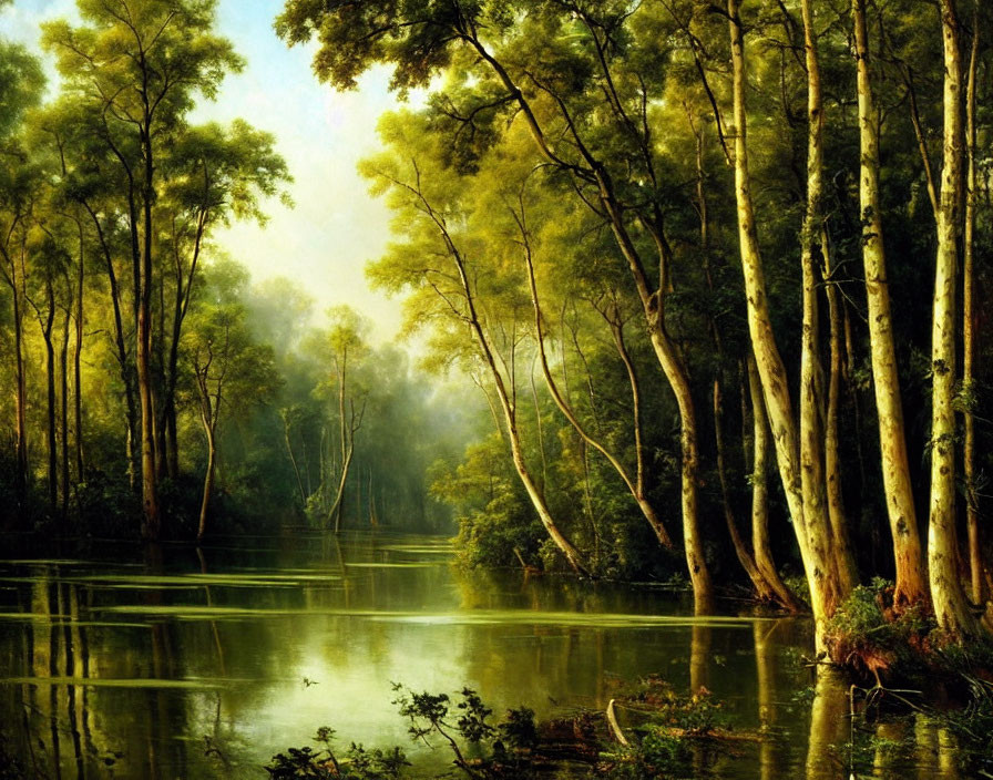 Tranquil River Scene: Misty Forest with Tall White Trees