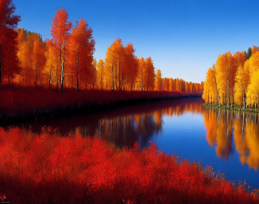 Fiery orange and red autumn trees reflecting on calm blue river