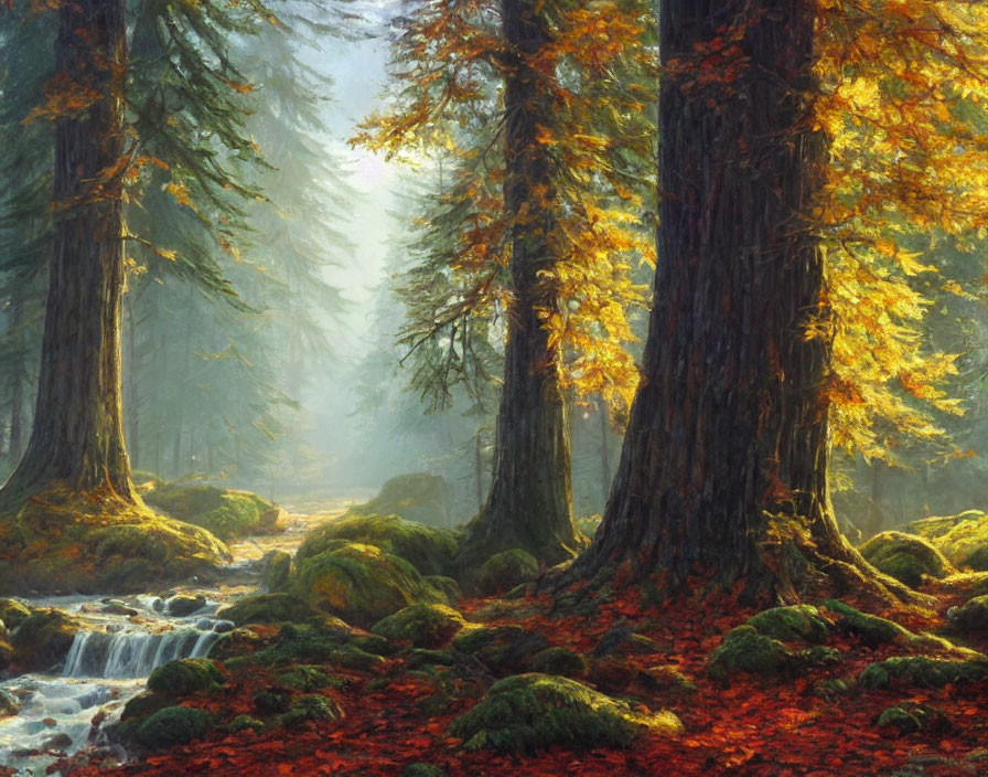 Sunlit autumn forest with tall trees, golden leaves, stream, red foliage.