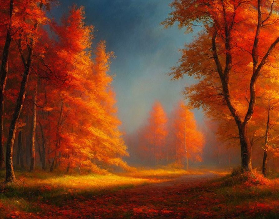 Tranquil autumn forest with misty ambiance and orange leaves