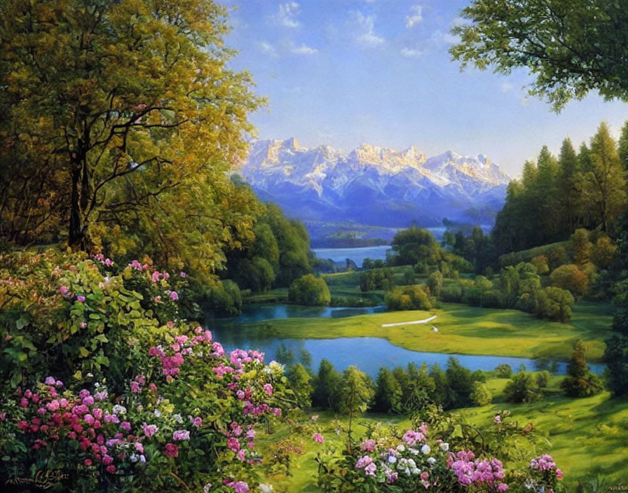 Scenic landscape with blooming flowers, lake, and mountains