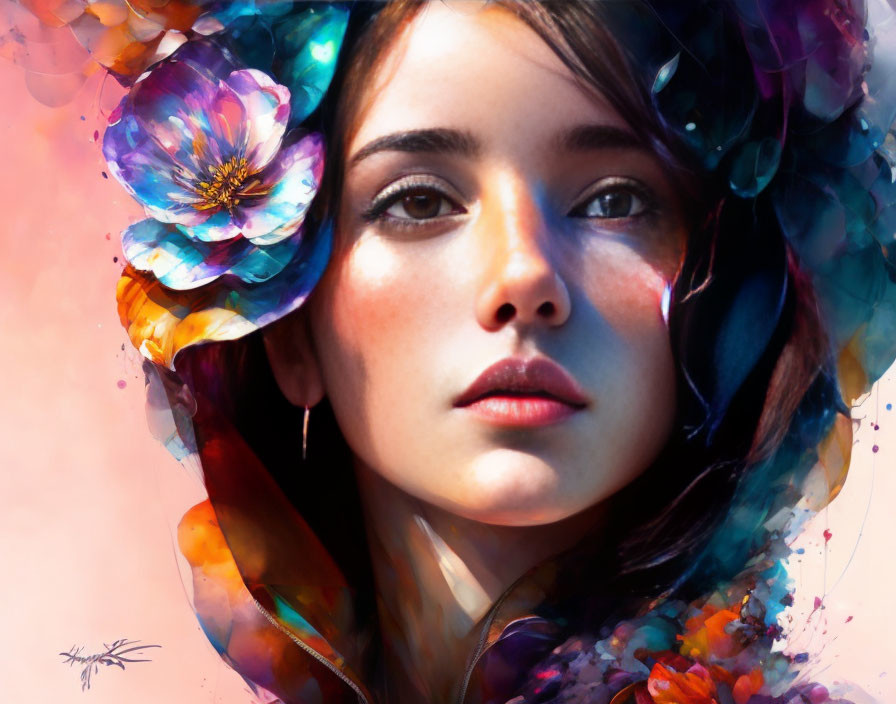 Woman portrait with vibrant flowers in soft, dreamy style