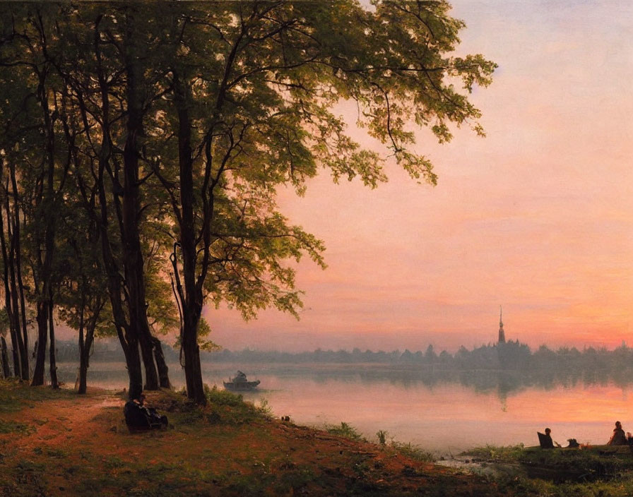 Tranquil dusk landscape: silhouetted trees, river, boat, and figures under warm