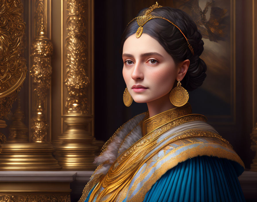 Regal woman in historical dress with gold jewelry in luxurious room