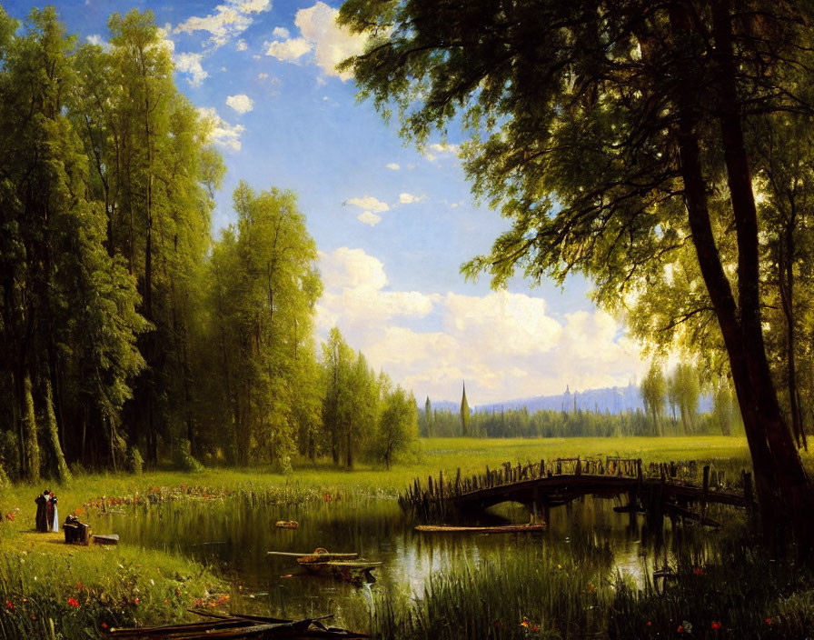 Tranquil forest lake scene with bridge, figures, and boat