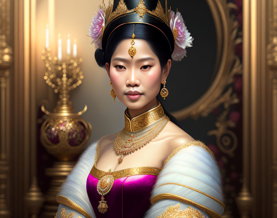 Regal woman in traditional attire with gold accessories on blurred background.