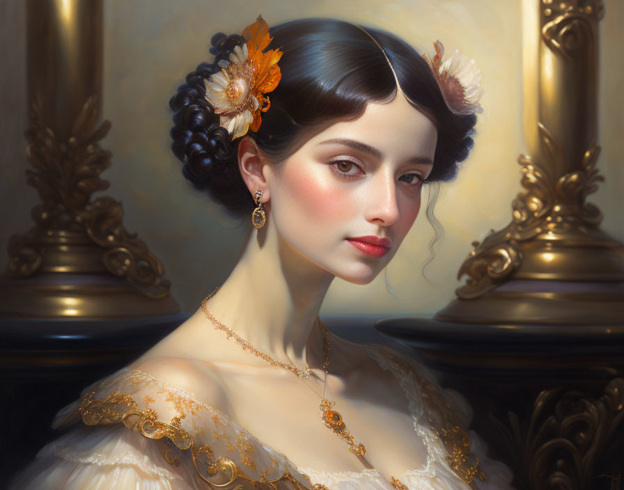 Portrait of woman with dark hair, orange flower accessory, golden dress, serene expression