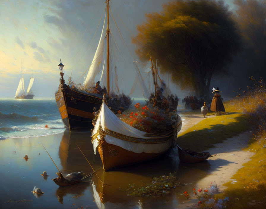 Coastal scene with ornate boats, people, woman in period attire, and ships under dramatic