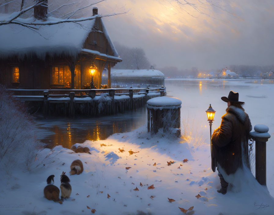 Person in winter coat by lamp post near snow-covered cottage at dusk with frolicking dogs