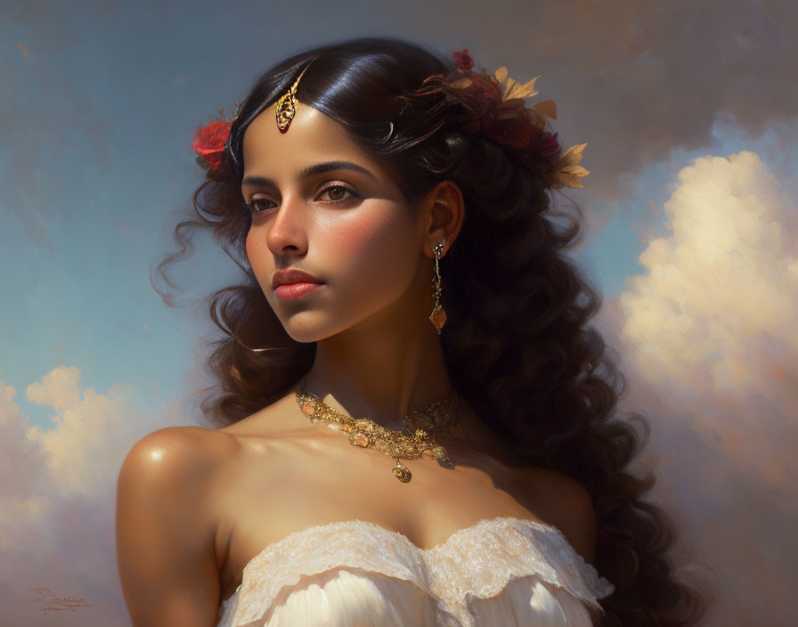 Curly-haired woman with red flowers and gold jewelry against cloudy sky.