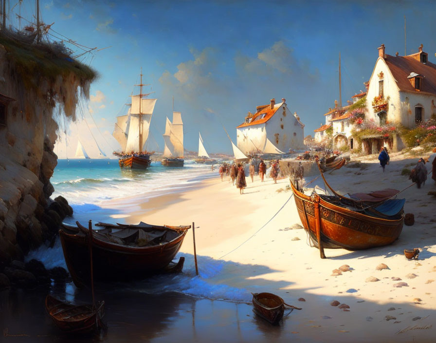 Coastal scene with boats, people, sailing ship, and quaint houses under clear sky