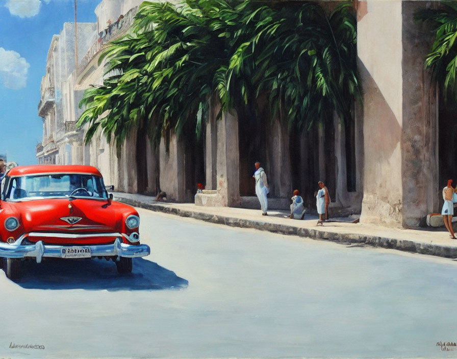 Colorful street scene with red car, people, and trees against buildings under blue sky