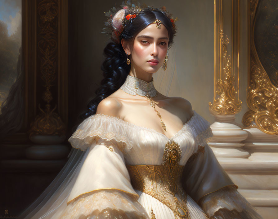 Historical woman in white gown with floral hair accessory and gold jewelry in ornate room