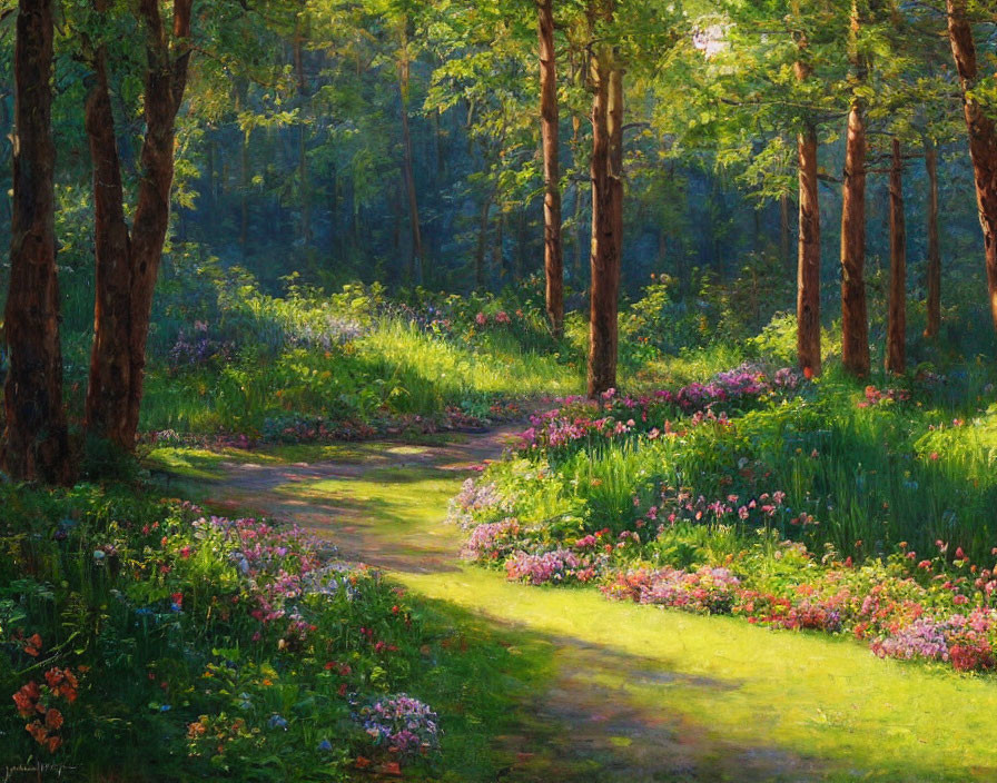 Tranquil forest pathway with colorful wildflowers under dappled sunlight