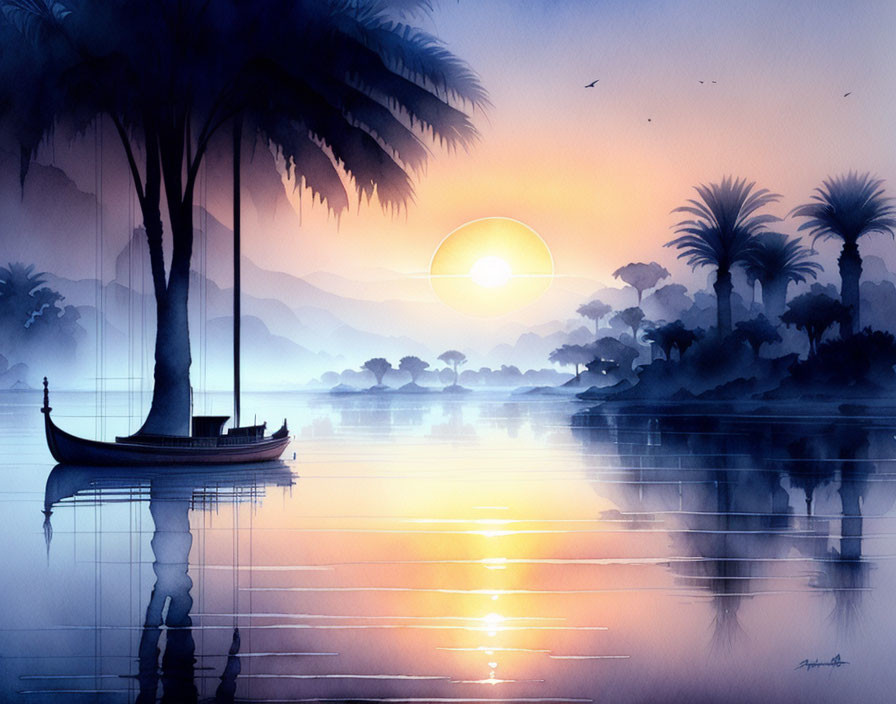 Tranquil watercolor landscape: serene lake, palm trees, boat, misty hills at sunrise