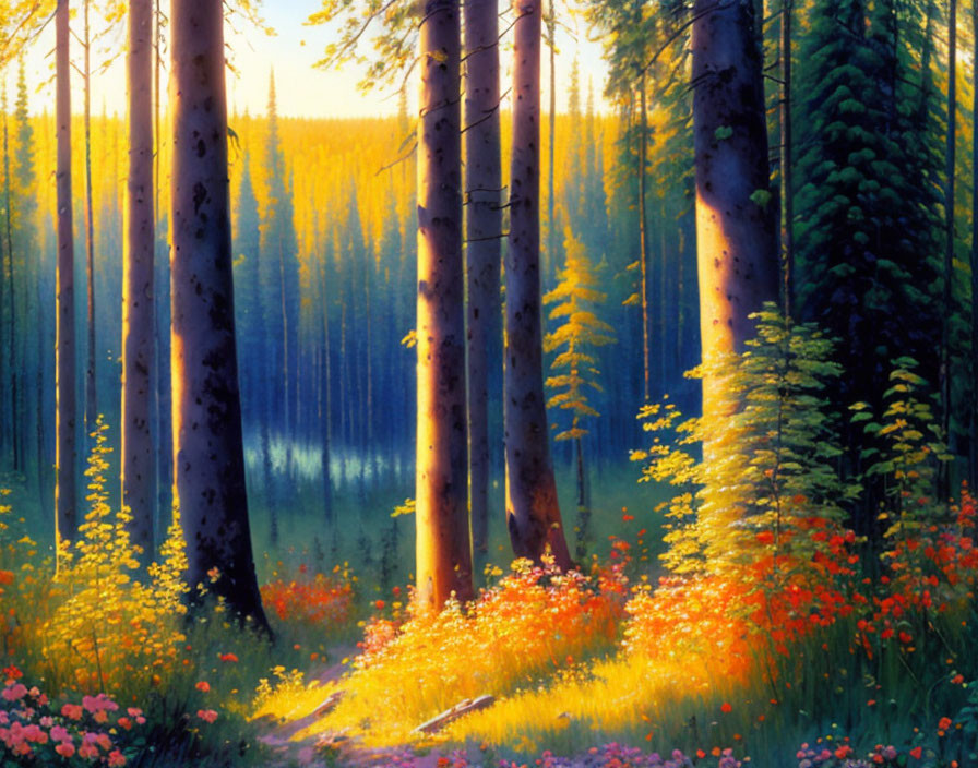 Lush forest with tall trees, sunlit path, wildflowers, and tranquil lake