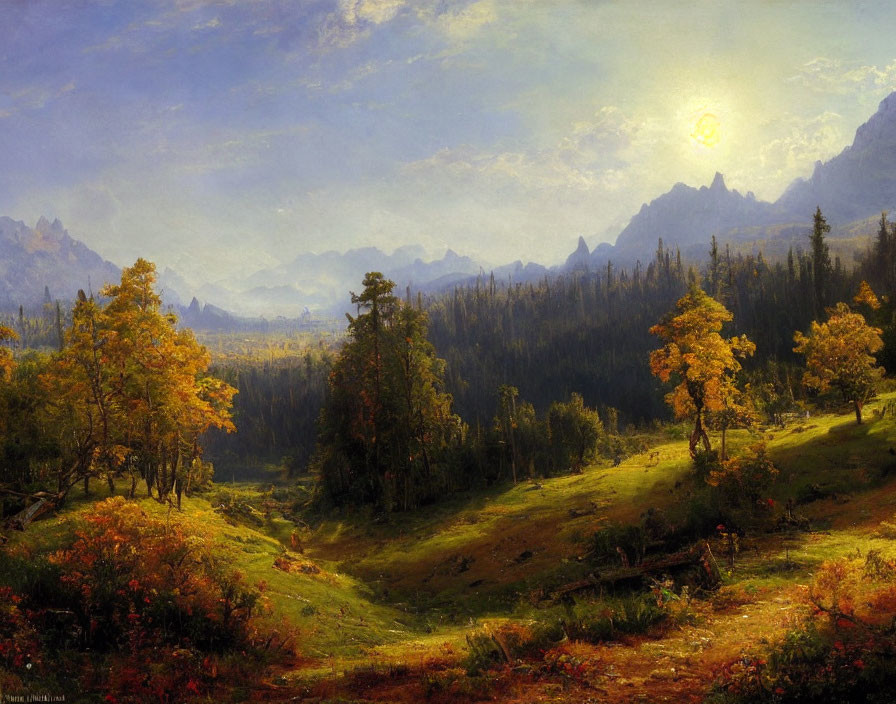 Autumn landscape painting with sunlit trees, winding path, and distant mountains