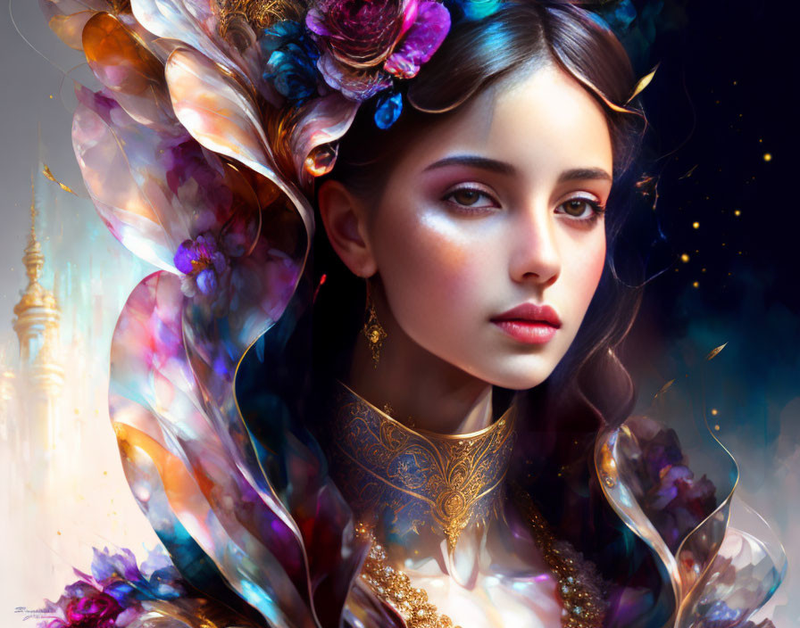 Fantasy portrait of a woman with butterfly wings and floral hair, against starry backdrop.