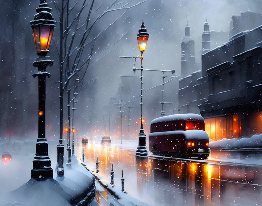 Snowy city street at night with red bus and glowing vehicle lights