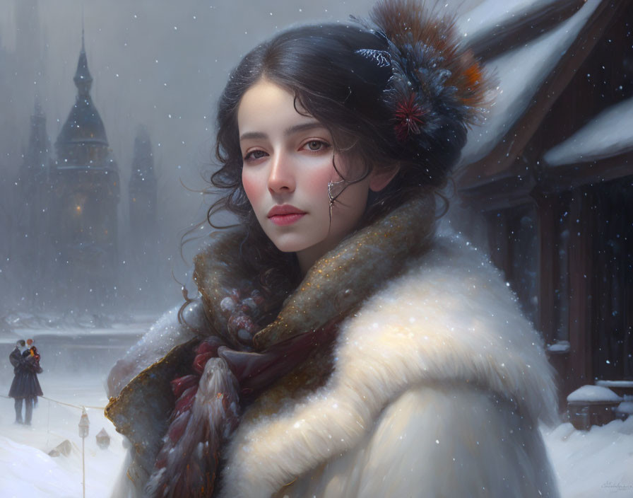 Woman with Dark Hair in Fur Coat in Snowy Castle Setting