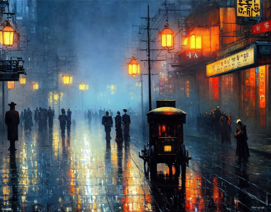 Rainy city street at night with warm street lamps, umbrellas, and vintage tram evoking nostalgia