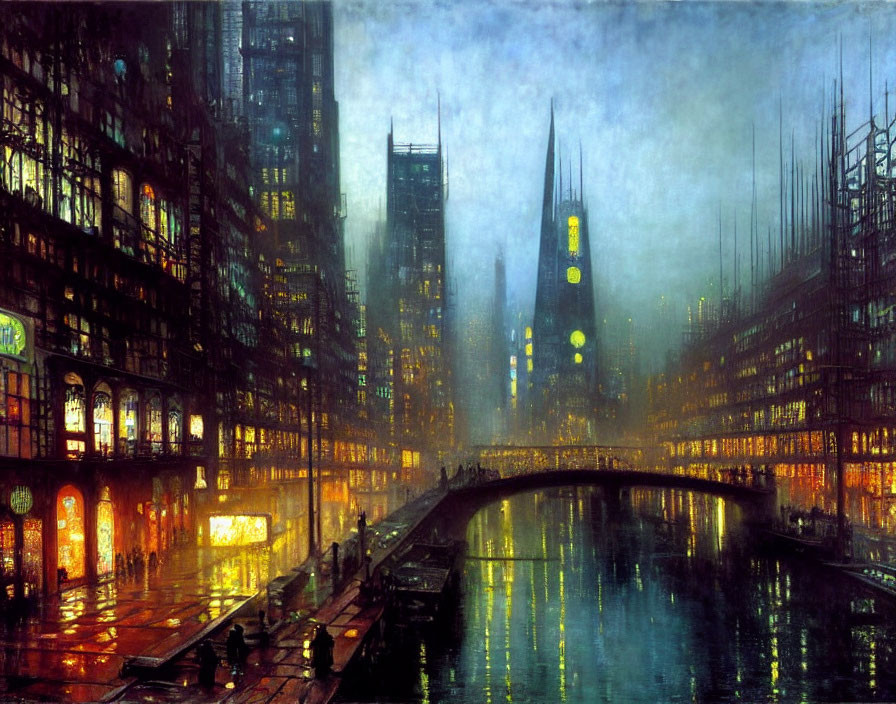 Illuminated futuristic cityscape with bridge and misty night ambiance