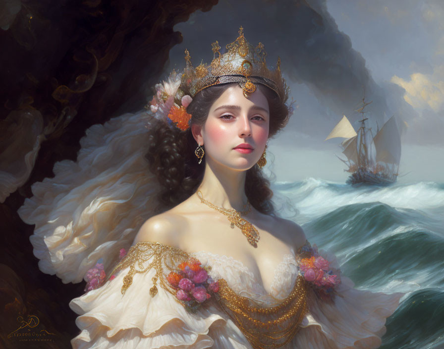 Regal woman in white gown with crown gazes at stormy sea