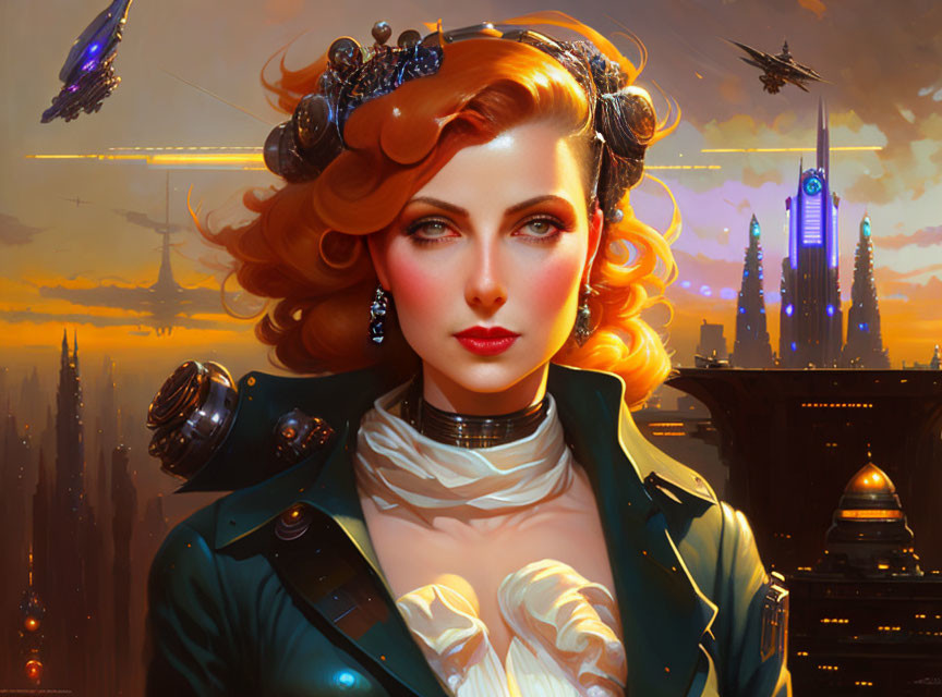 Red-haired woman in futuristic attire against sci-fi cityscape.