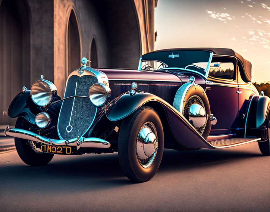 Vintage car with sleek lines and chrome details at sunset