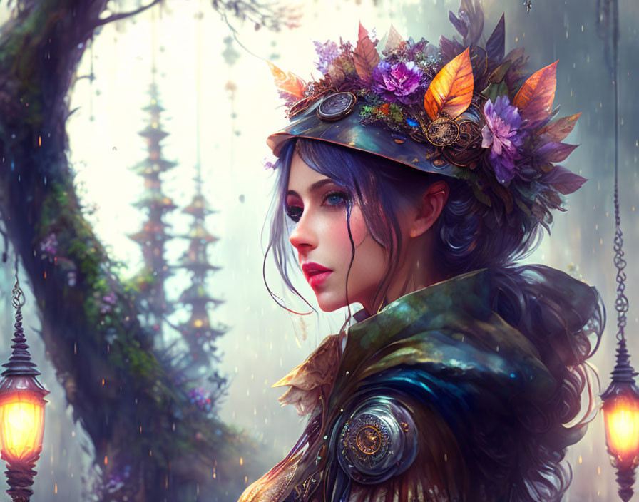 Fantasy female character with blue hair and floral crown in mystical forest